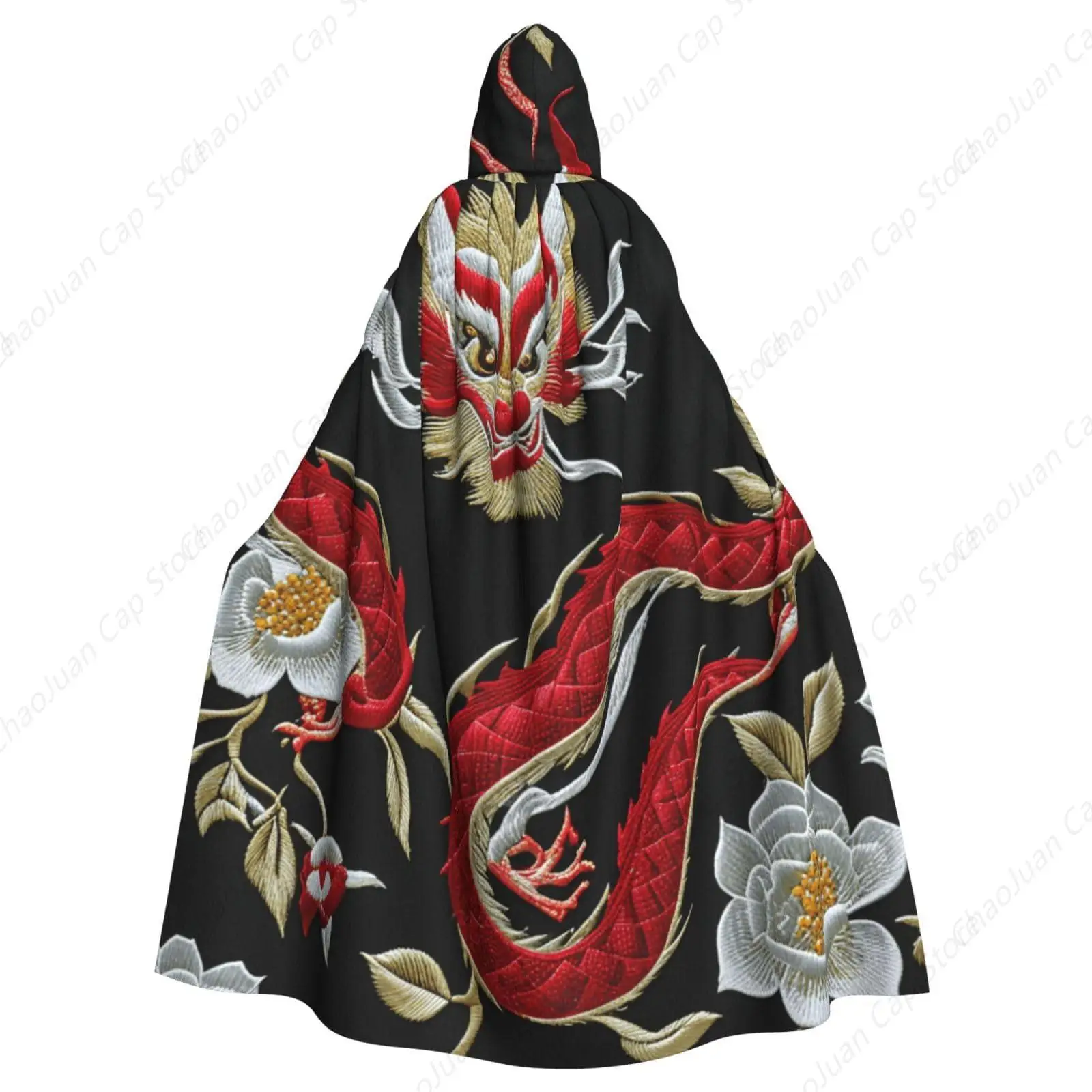 

Плащ унисекс с капюшоном на Хэллоуин, совместимый с цветочным китайским японским цветком дракона, праздничный костюм накидки из ткани полной длины
