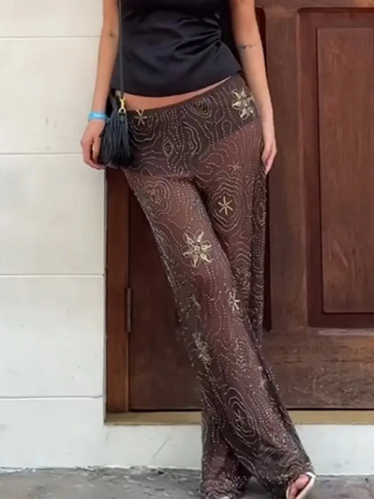 

Sexy Chic Sequins Pants For Women Casual Transparent Straight Wide Leg Pants Summer 2025 New Fashion Holiday Party Long Trousers