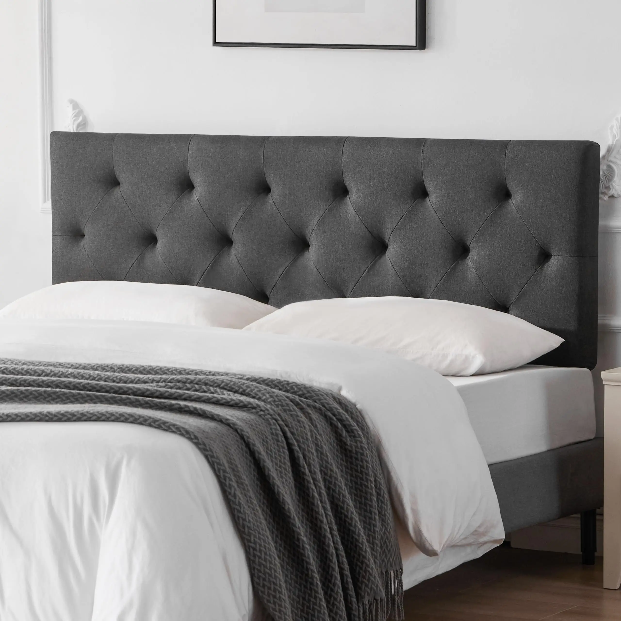 Linen Fabric Upholstered Headboard Queen Size, Modern Diamond Tufting Solid Wood Queen Headboard Only,Adjustable Height