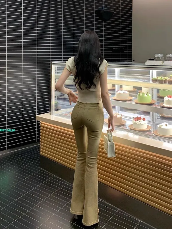 

High Waist Slim Fit Denim Jeans Women's Elastic Stretchy Long Pants with Hip Padding Khaki Color Casual Sle Spring Autumn