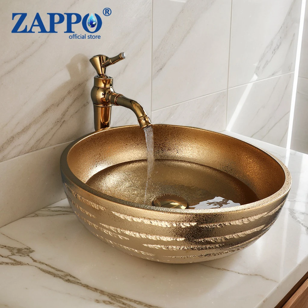 ZAPPO Ceramic Vessel Sink Luxury  Gold Striped Art Bathroom Basin with Matching Faucet Tap Decorative Above-Counter Vanity Sink