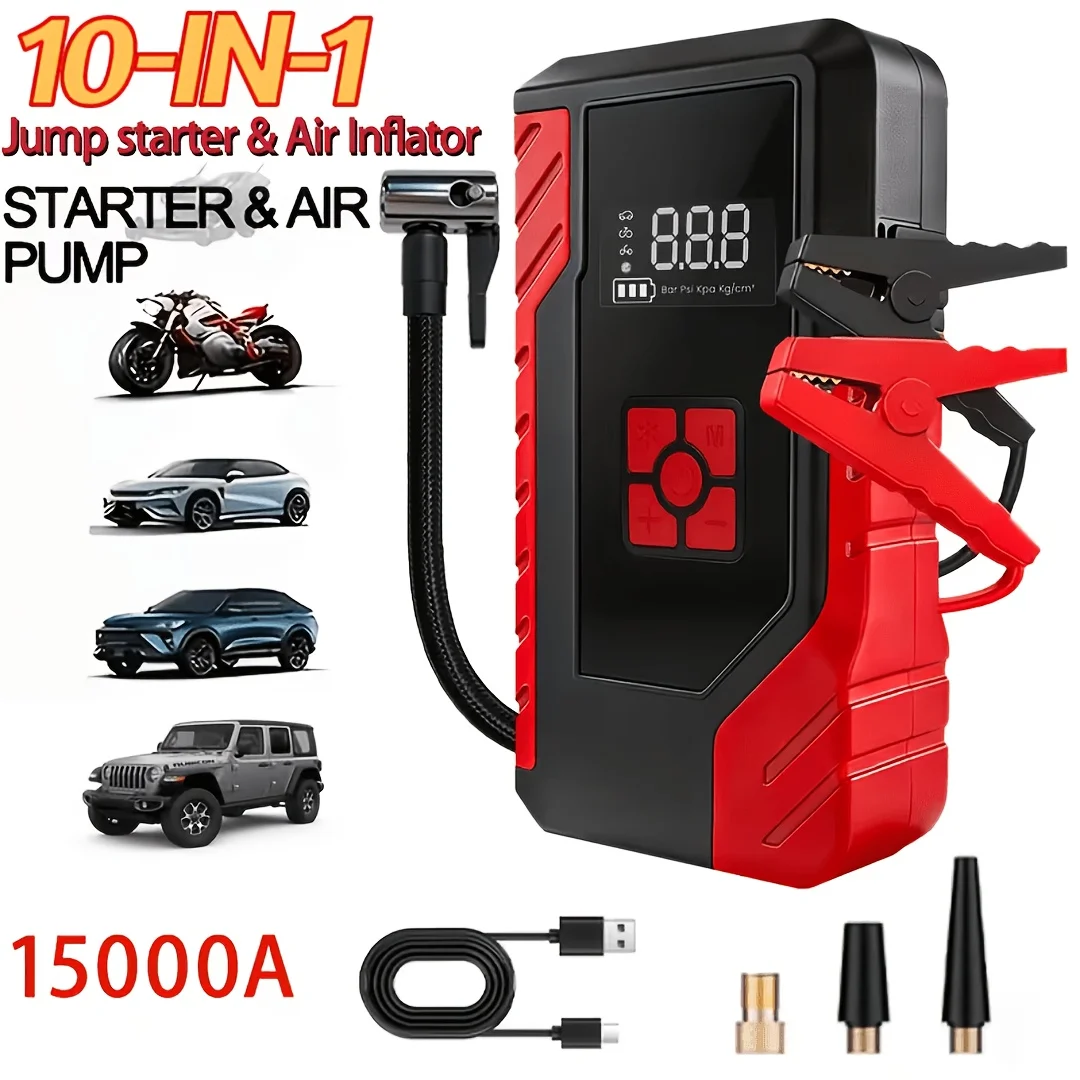 

15000A Peak Multi-functional Car Jump Starter & 250PSI Portable Emergency Starter Power Supply, 14.8V Vehicle Emergency Starter Power Supply, LED Emergency Lighting, USB Input And Output, Starter Power Supply Accessories, Car Repair Tools