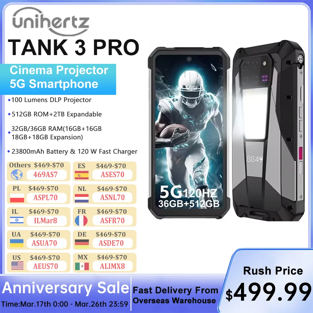 Unihertz Tank 3 Pro 8849 Rugged 5G Phone with 100 Lumens Projector Android 14 32GB 512GB 23800mAh Waterproof Phone WIFI 6 NFC