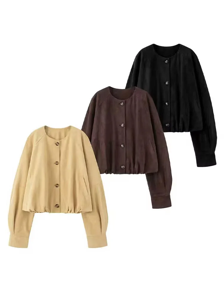 

HH Women Fashion Side Pocket Button Decoration O-Neck Long Sleeve Coat Female Casual Loose Elegant Slim Solid Short Jackets