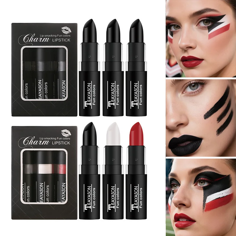 3-in-1 mattierter Lippenstift und Körperbemalung Trio, nicht transferendes Samt-Finish, inklusive Schwarz, Weiß, Rot für Lippen, Gesichts- und Körperbemalung Cos Halowe