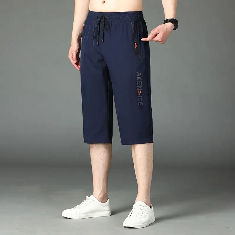 Trend Casual Elastic Drawstring Capri Pants Male Clothes Summer Korean Zipper Patchwork Fashion Men High Waist Ice Silk Pants