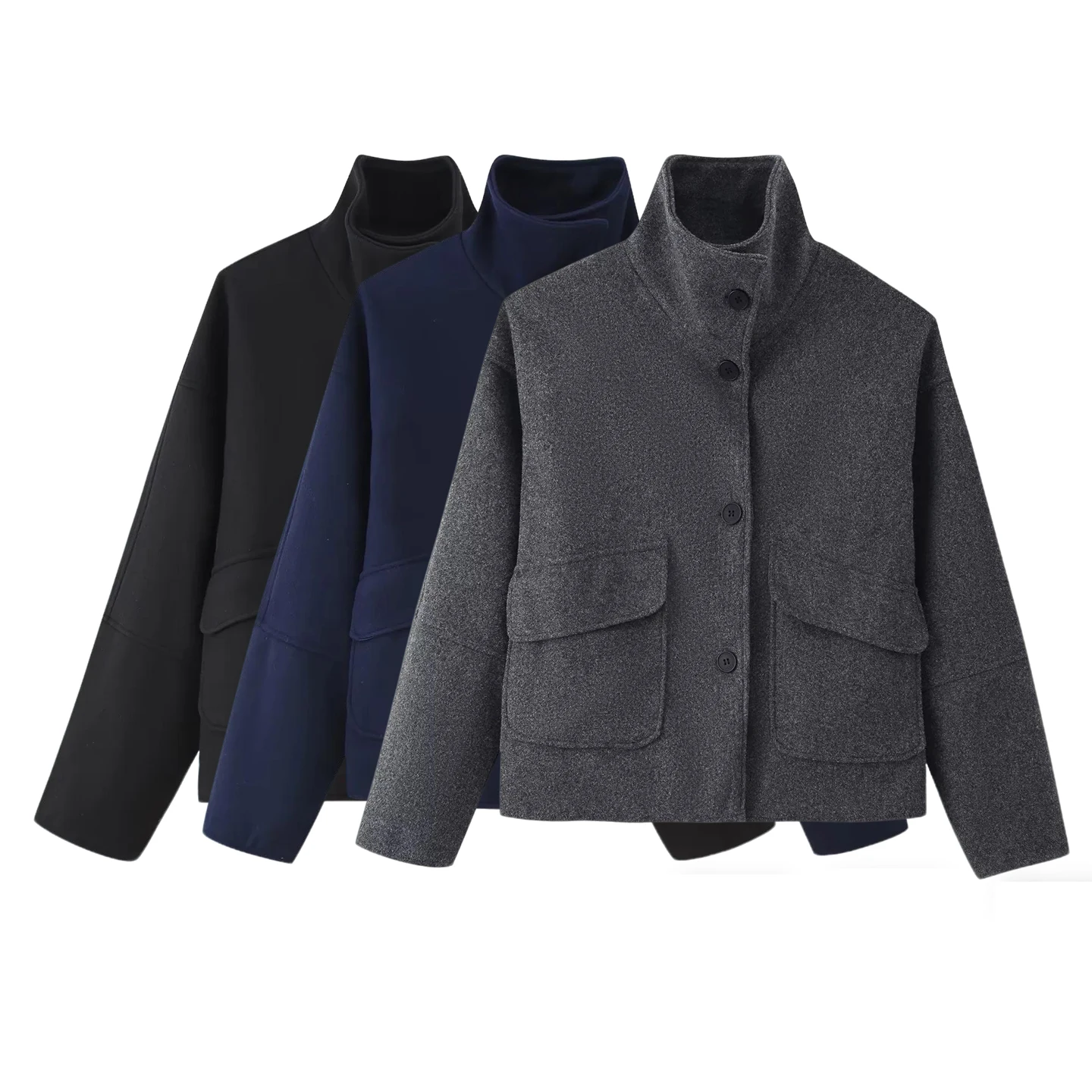 

Fall New Women's Korean Sle Loose f High Collar Long Sve Single Row Multi Button ort Woolen Coat Polyester Fiber