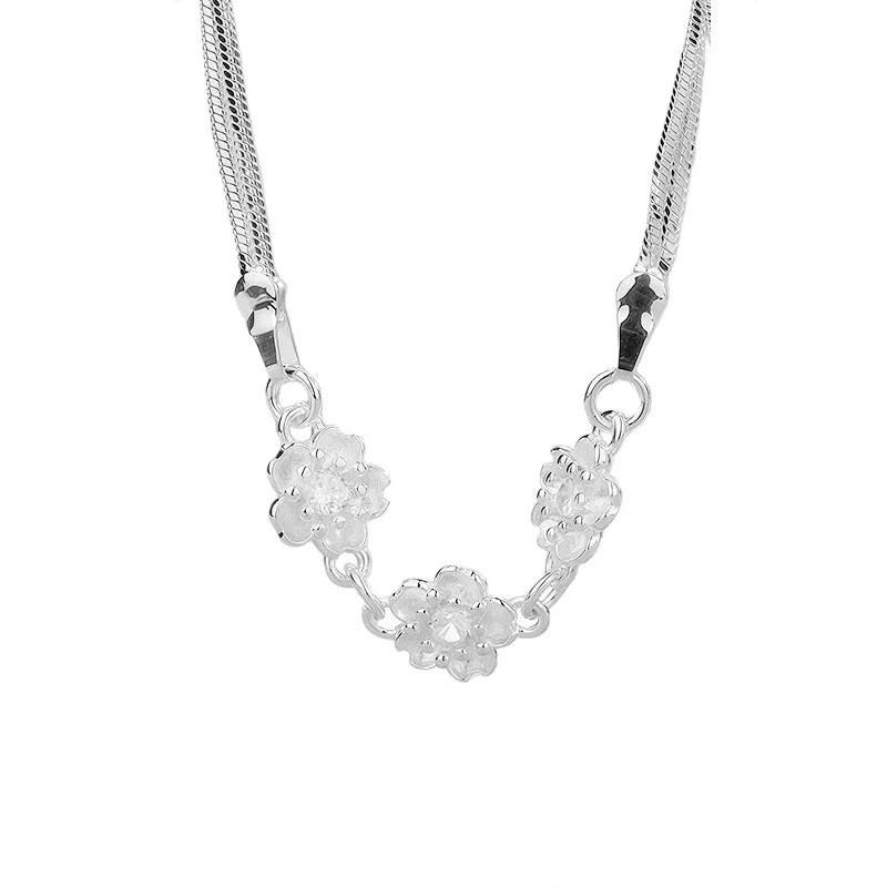 925 Sterling Silver Jewelry Double-layer Zircon Sakura Flower Chains Necklace for Women Wedding Party Jewelry Girls Friend Gift