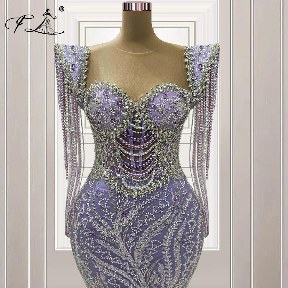 Purple Mermaid Celebrity Dresses 2024 Dubai Arabic Long Sleeves Prom Evening Crystals Party Dresses with Tassels Customized