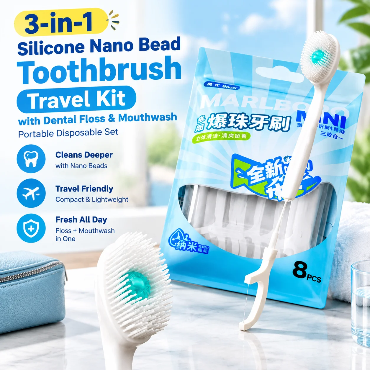 3-in-1 Silicone Nano Bead Toothbrush Travel Kit with Dental Floss & Mouthwash, Portable Disposable Set