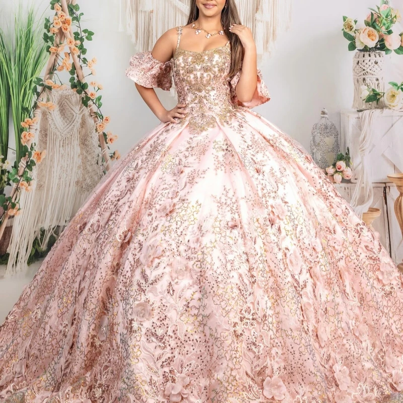 Robes De Quinceanera rose hors De l'épaule Applique fleur perles cristal tulle fête anniversaire douce 16 robe robes 15 De Anos