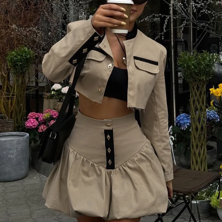 ストリート系ハイウエスト花柄スカート、欧米風セット、レディーススタンドカラー長袖ショートトップスのツーピースセット