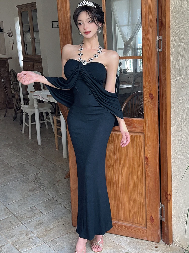 Frauen Solide Elegante Diamanten Neck-montiert Sexy Kleid Sommer Elegante Rüschen Plissee Kleid 2025, Vintage Luxus Party Nacht Kleid