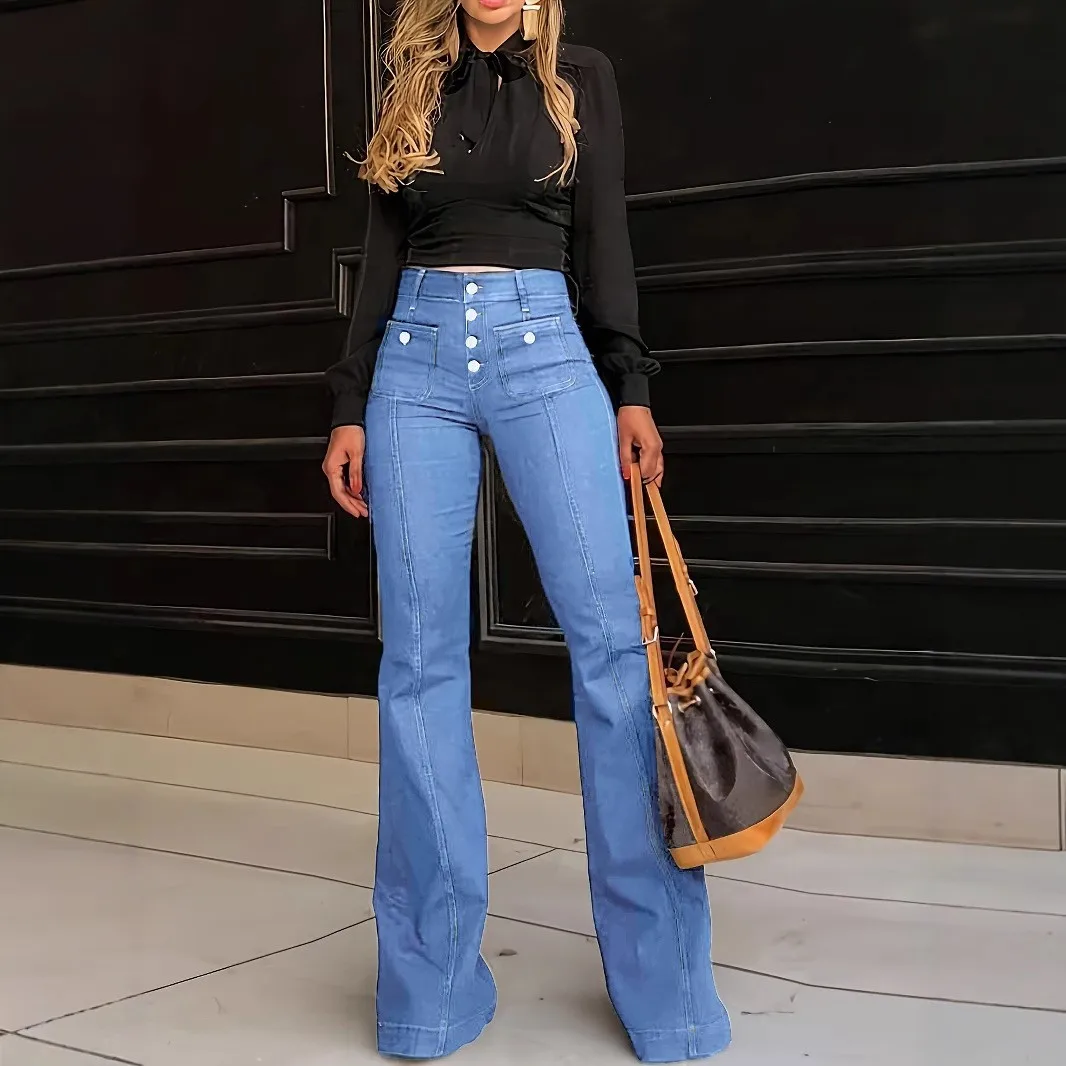 Women's High Waist Flared Long Washed Cotton Streetwear Jeans for Women Casual Stretch Denim Bottoms Button Front Wide Leg