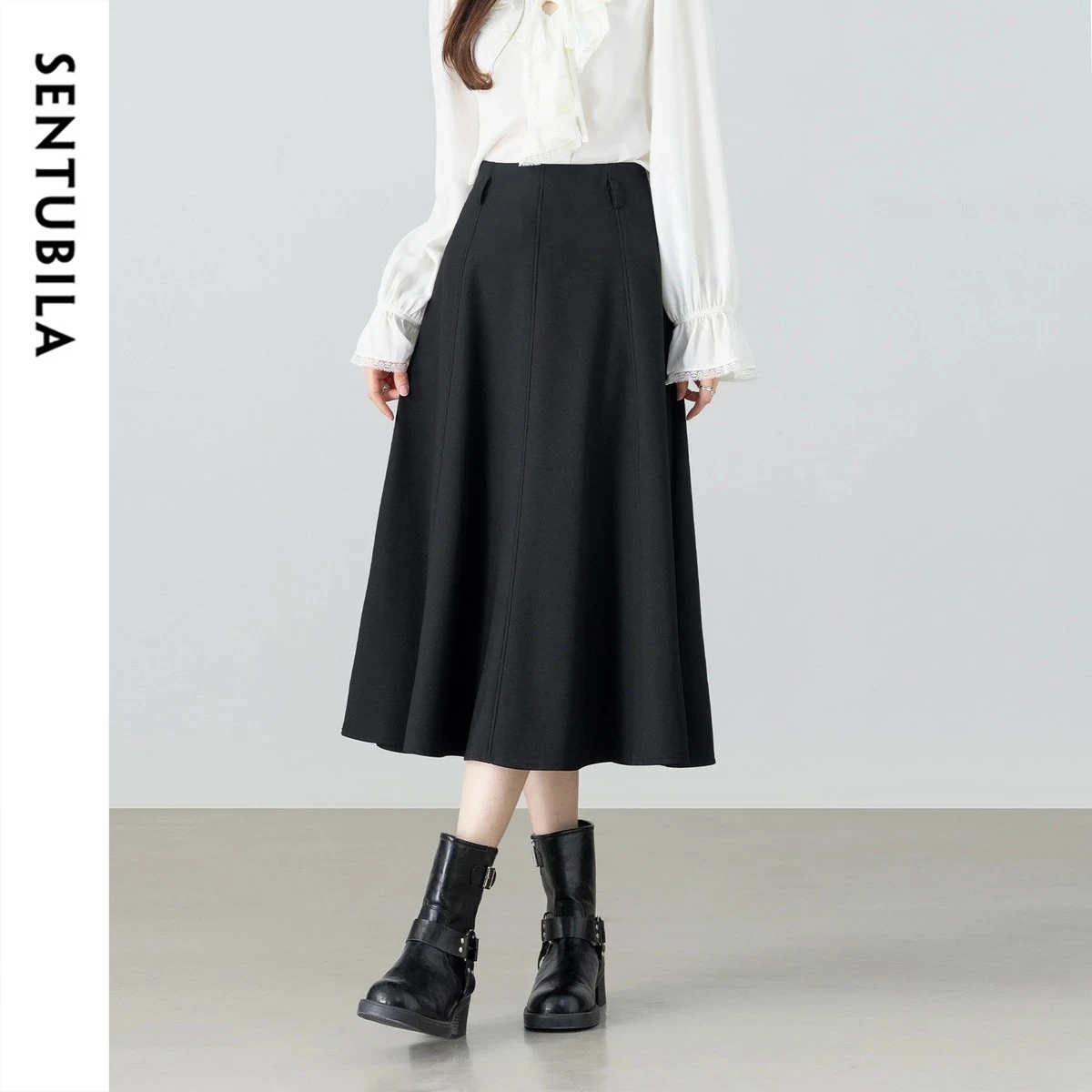 

SENTUBILA Women's Black Midi Skirt 2026 Elegant Fashion Leather Belt A-Line Knitted Skirts Woman Office Ladies Clothes W62QH6859