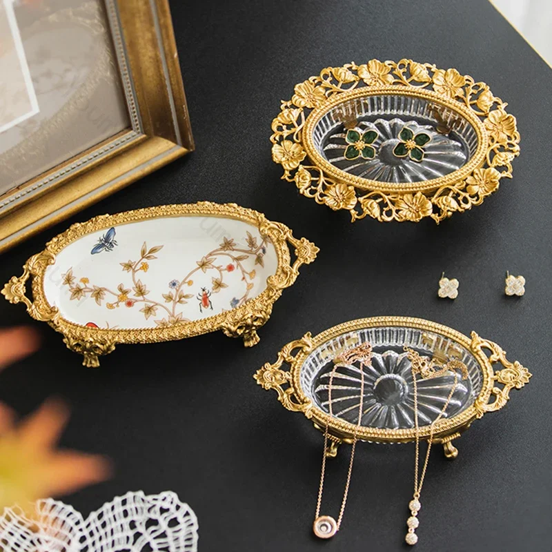 Light Luxury Brass Glass Trays French Palace Carving Earrings Jewelry Storage Tray Home Entrance Organization Decorative Tray