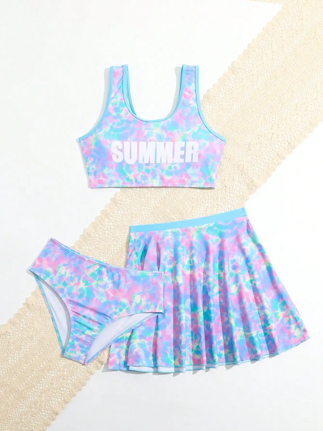 

Pastel Tie-Dye Summer Crop Top And Pleated Skirt Set For Tween Girls Beach Holiday Swimwear