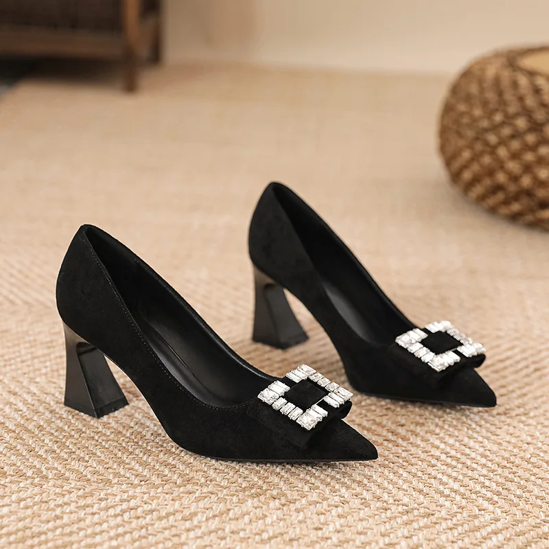 Large Size 30-44 High Heels Women Shoes Pointed Toe Chunky Heel Black Blue Heels