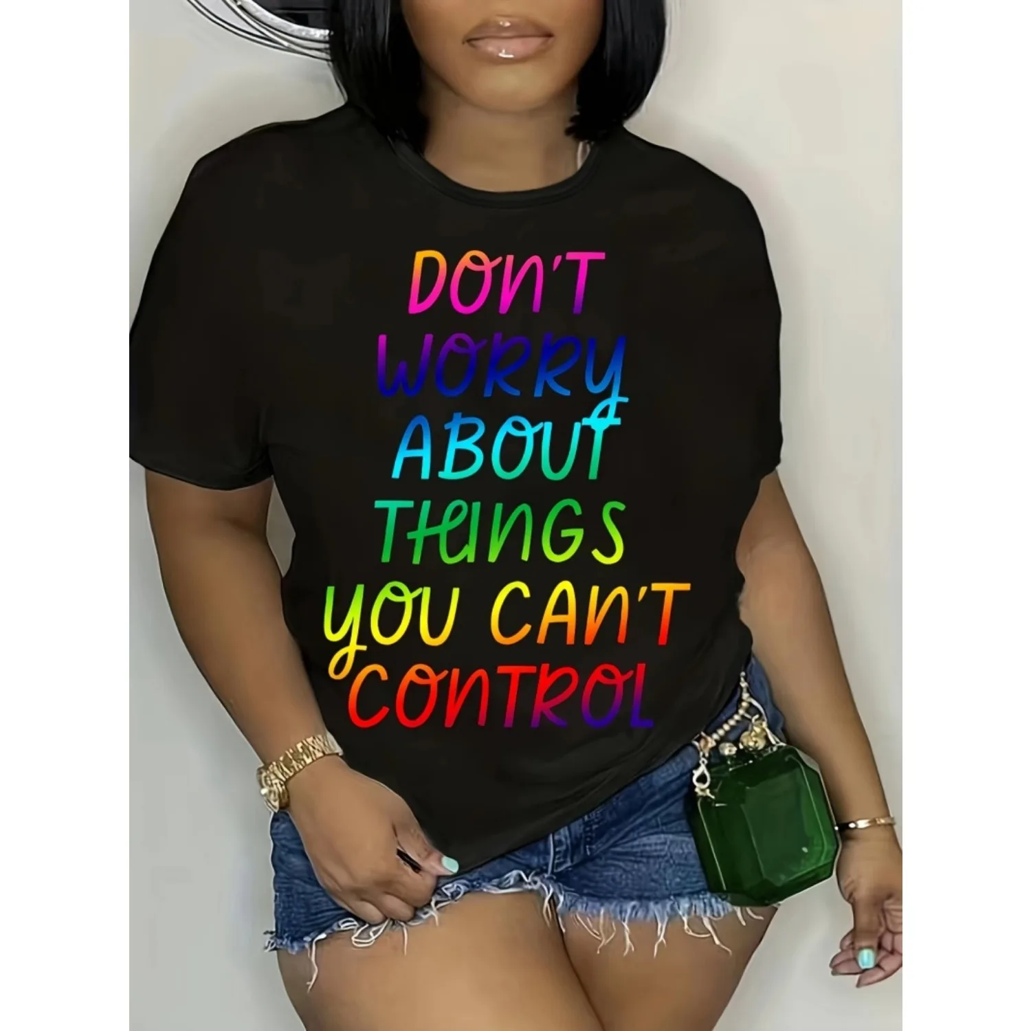 

Women's Don't Worry Print T-shirt, Short Sleeve Crew Neck Casual Top For Summer & Spring, Women's Clothing
