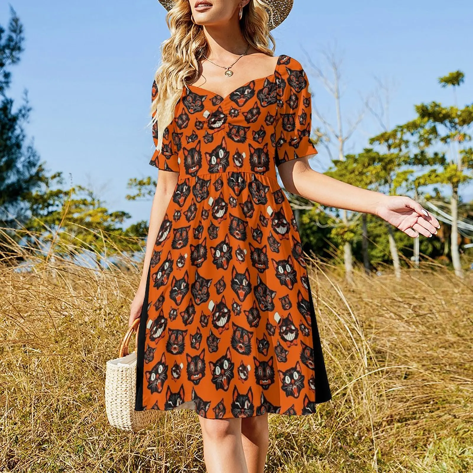 Retro Vintage Halloween Black Cat Faces Pattern - Orange Background Short Sleeved Dress Clothing Dress