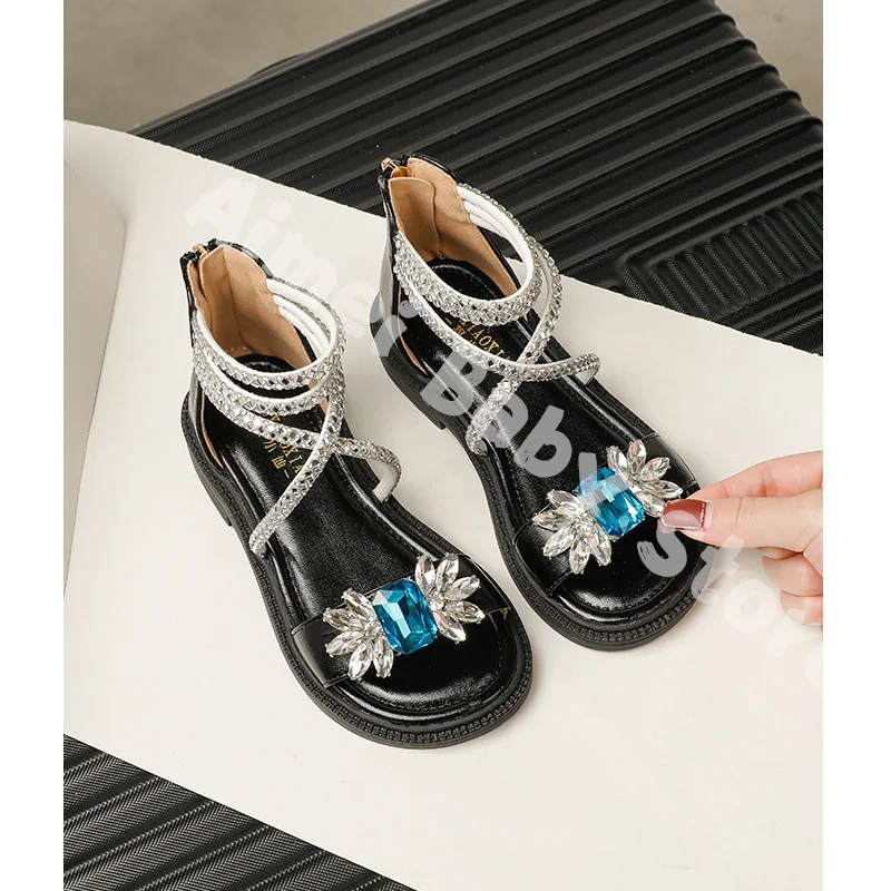 Children Girls Rhinestone Sandals Bowknot Fashion Elegant Roman Princess Sandals Non-slip Breathable ZIP Solid Soft Kids Sandals