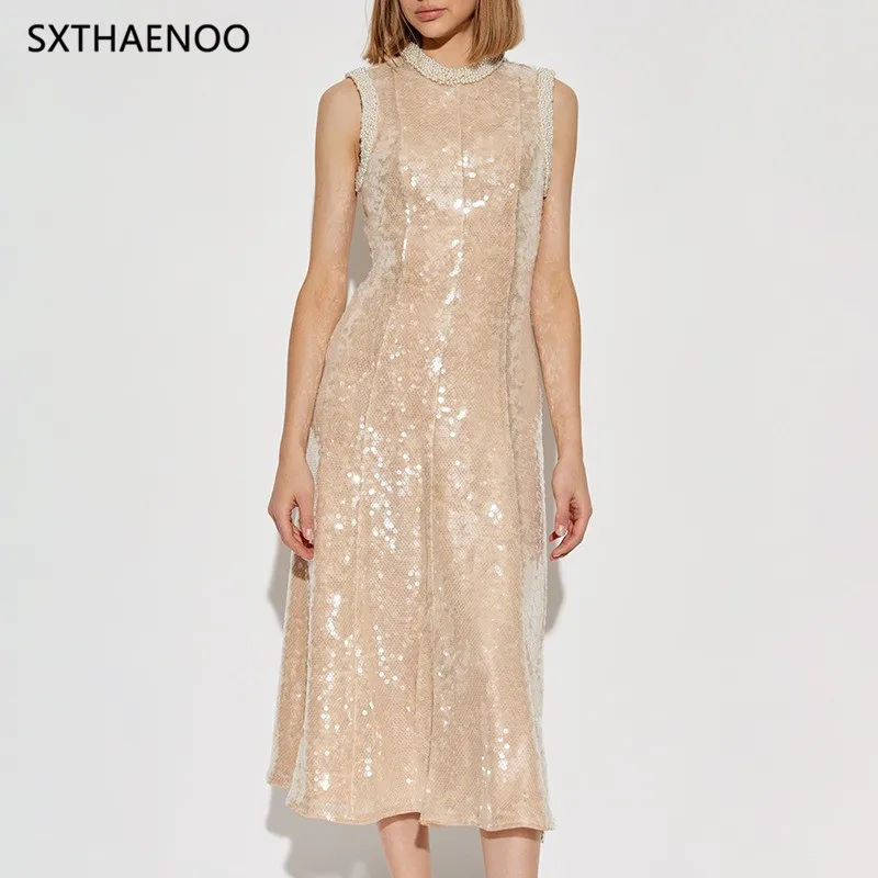 

SXTHAENOO Solid Slimming Spliced Sequins Dresses for Women Round Neck Sleeveless Patchwork Bead Dress Female Fashion Style 2025