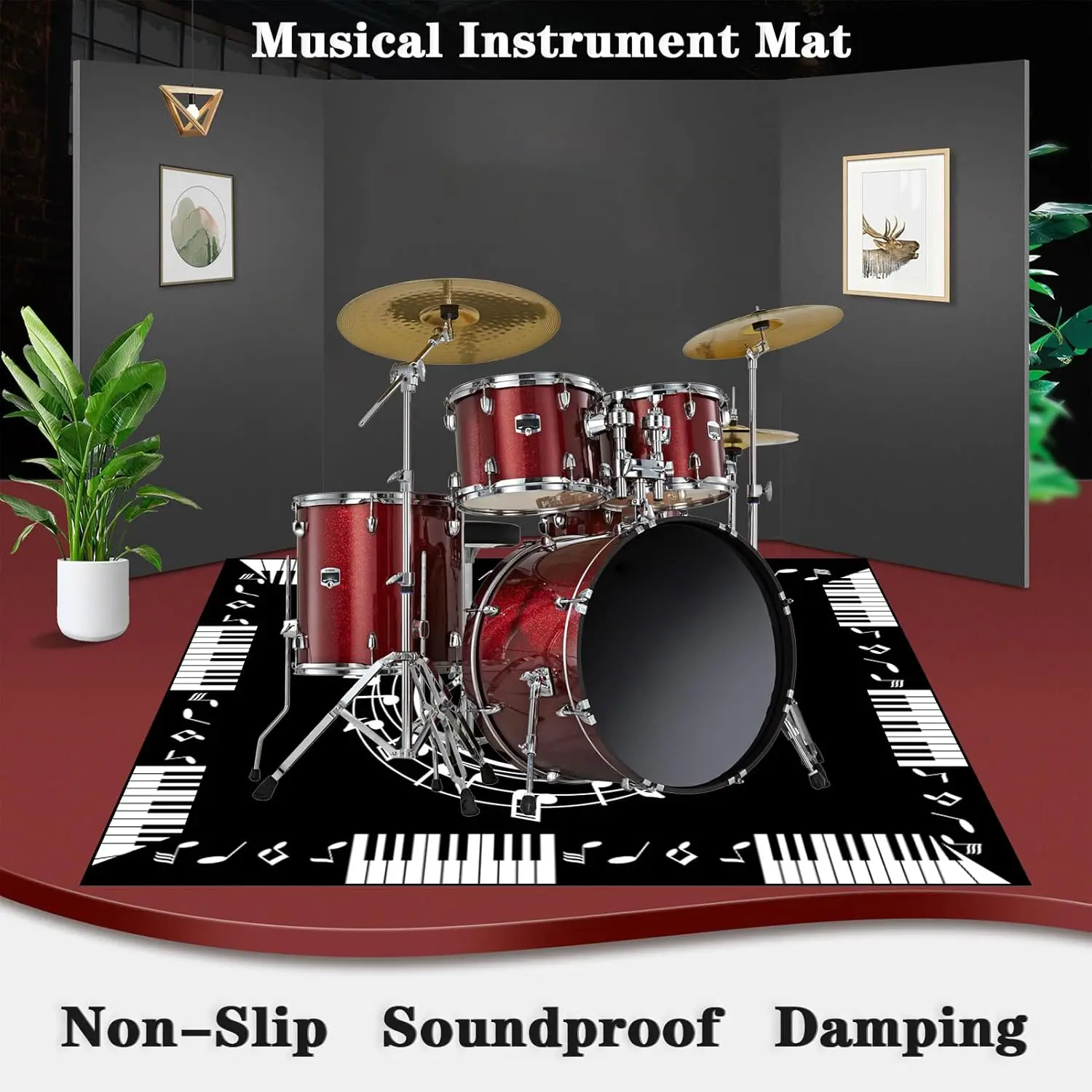 Musical Notes and Piano Keys  Rug, Black and White Music Theme Carpet, Non-Slip Floor Mat for Living Room, Music Studio Decor
