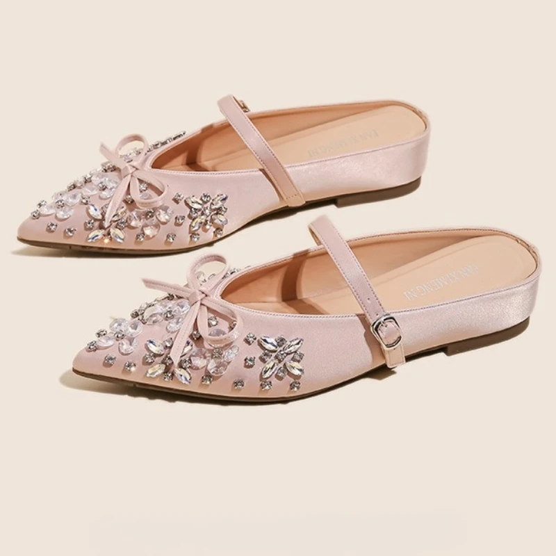 

Luxury Rhinestone Low Heel Mules Sandals Women Bowknot Pointed Toe Slides Female Fashion Shiny Designer Slippers for Women