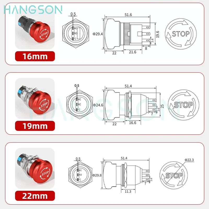 金属製の緊急停止スイッチ,12v-250v,ステンレス鋼,赤,キノコ16 19 22 25mm,1n1ncのモーメンタリスイッチ