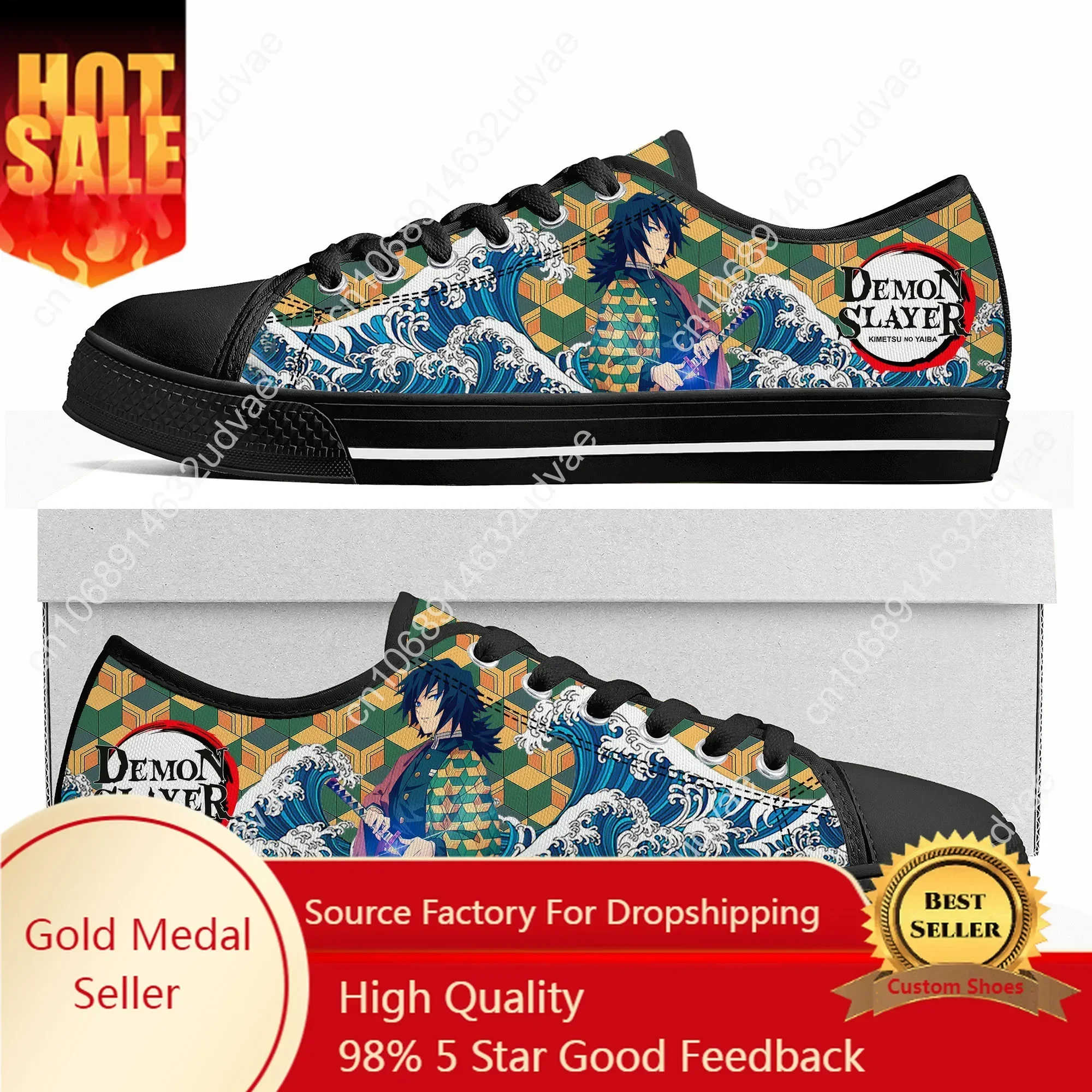 Japan Anime Cartoon Giyu Tomioka Water Hashira Fashion Low Top Sneakers Mens Womens Teenager Canvas Couple Shoes Custom Shoe