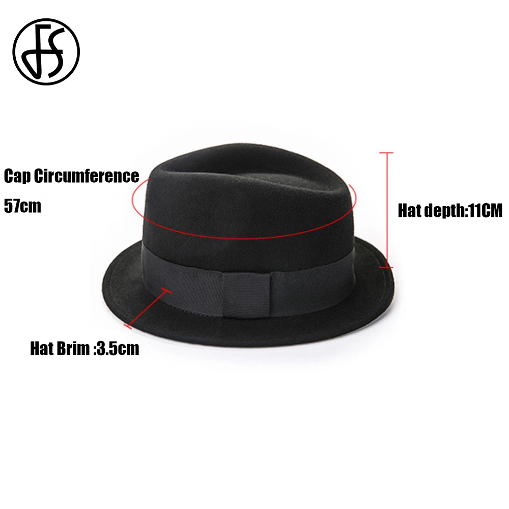 FS 2023 Vintage Black Pork Pie Hats Men Unisex Church Jazz Hat Gentlemen Wool Felt Fedoras Ribbon Trilby Panama Gangsters Cap