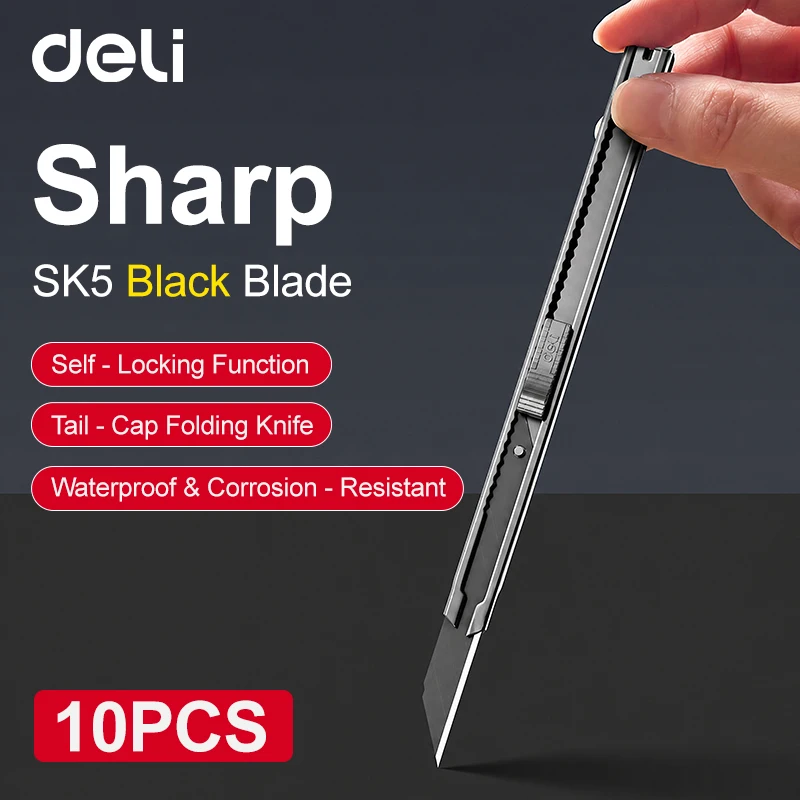 Deli SK5 Black Blade Utility Knife Auto-Lock Metal Body 30°/60° Tip for Paper Cardboard Wallpaper Cutting