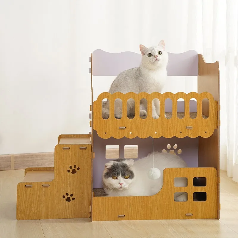 HONEY PET Corrugated Square Cat Nest Wooden Replaceable Cat Claw Board Bed Vertical Double Layer Villa Accessories Scraper