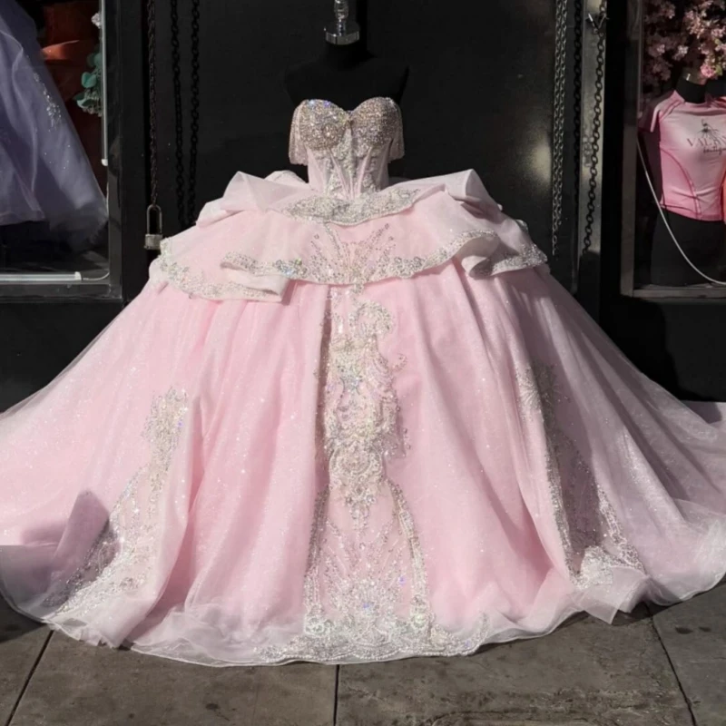 

Pink Shiny Quinceanera Dresses Off The Shoulder Sequin Applique Lace Beading Tull Corset Party Birthday Sweet 16 Dress Vestidos