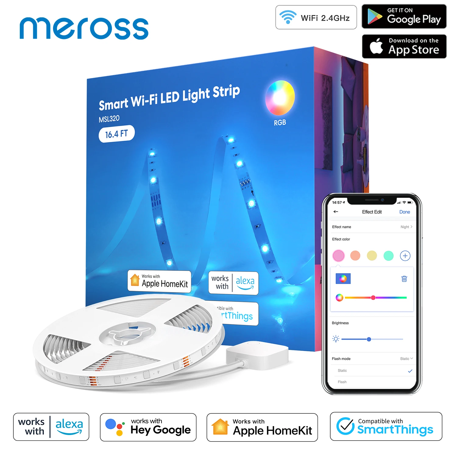 Meross Smart LED Strip Light RGB Tape WiFi Flexible Light Lamp Screen TV Back Lighting Work with Apple HomeKit Alexa Google Home