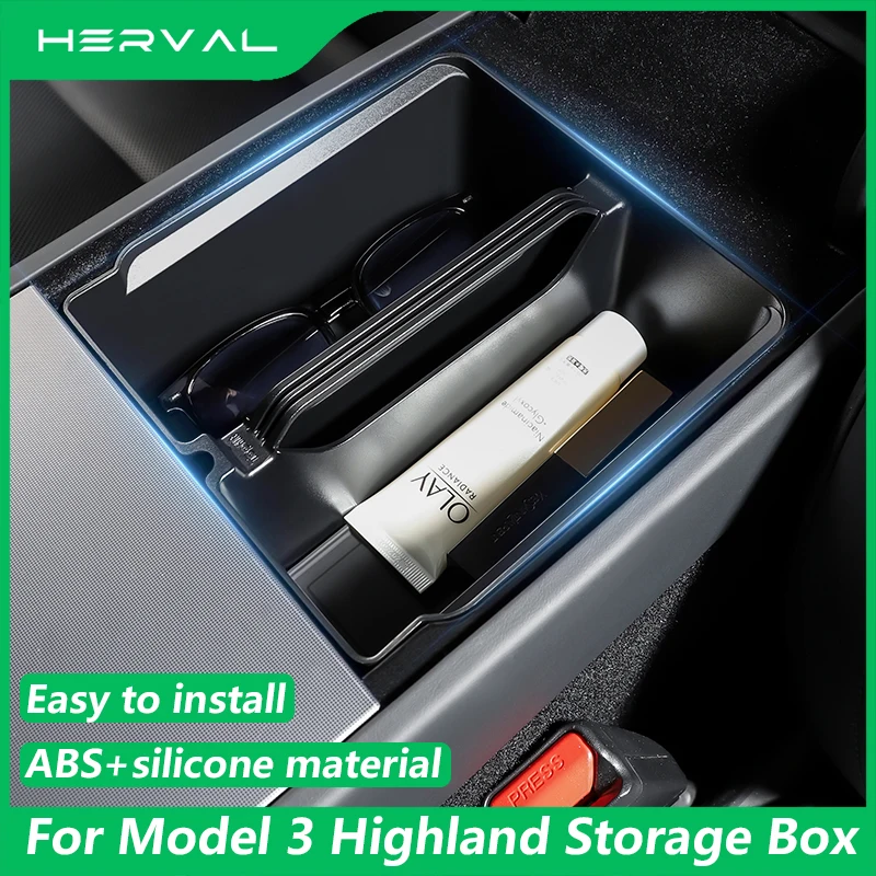 Herval For Tesla Model 3 Highland 2024 Central Control Storage Box ABS Silicone Armrest Organizer Case Car Interior Accessories