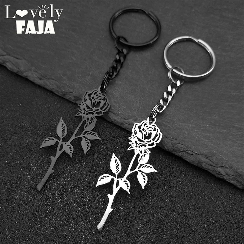 Gothic Rose Flower Pendant Key Chain For Women Men Stainless Steel Black Silver Color Plant Key Ring Couple Jewelry Gift