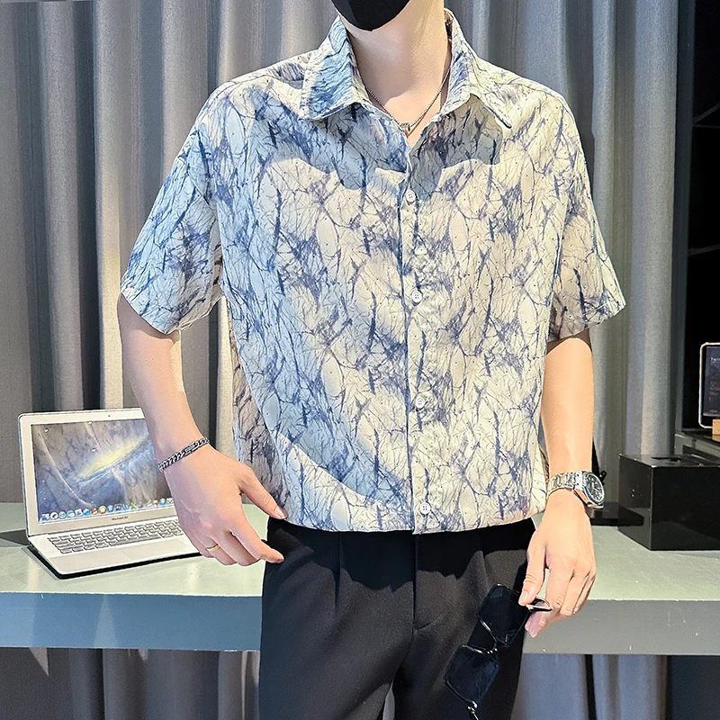 

Streetwear Short Sleeve Sequins Men's Print Shirts Summer Plus Size Fashion Lapel Man Shirt Prom Club Elegant Mens Clothing