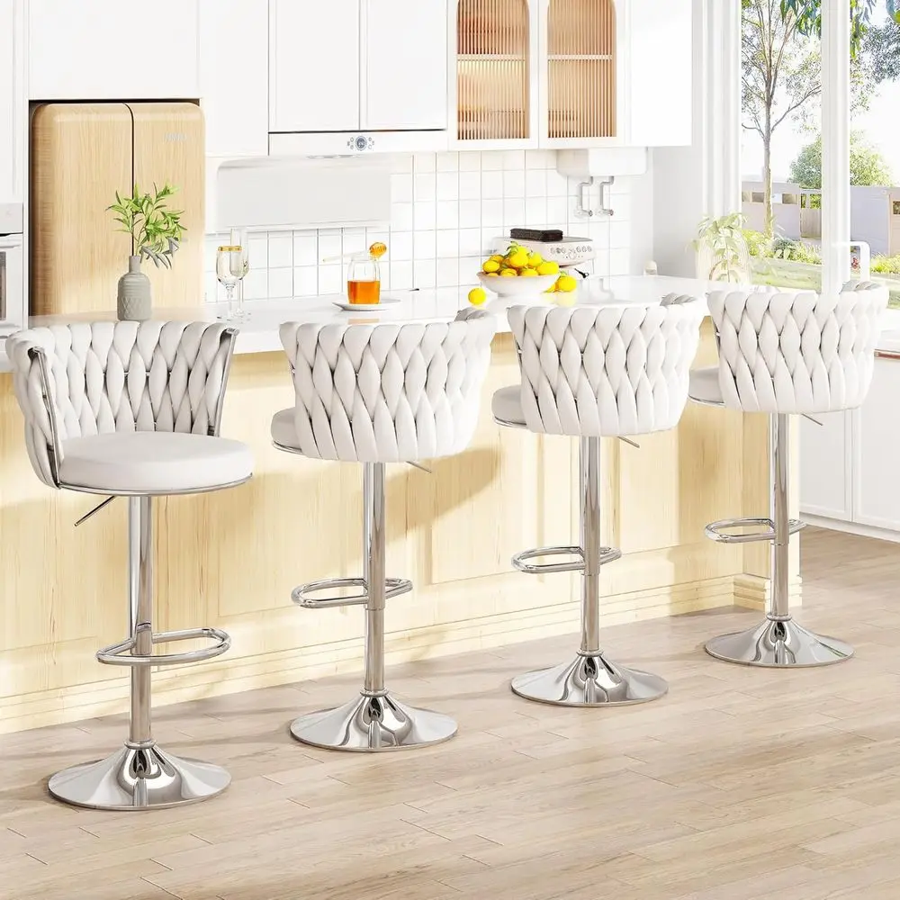 

Set of 4 Swivel Bar Stools, Adjustable Counter Height, Upholstered Chairs with Backrest and Footrest, Beige