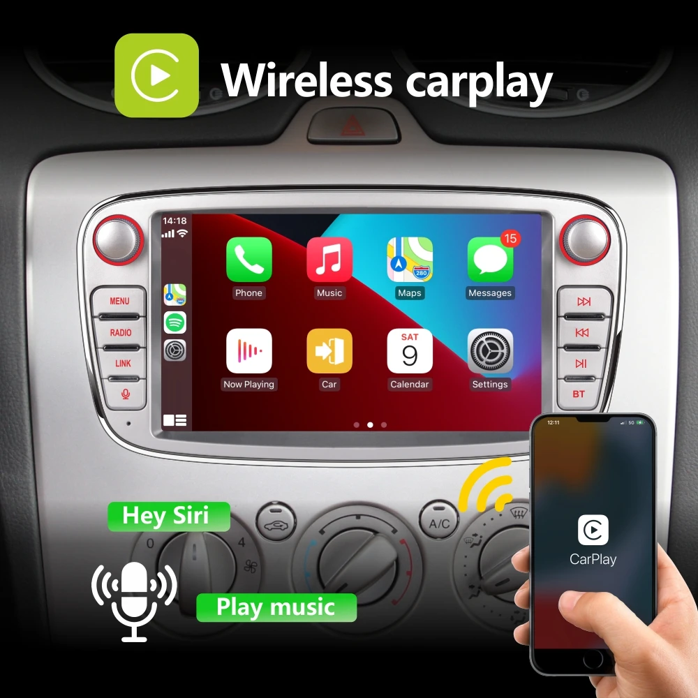 Car Radio with Wireless Carplay Android Auto for Ford Focus Mondeo C-MAX KUGA with 7