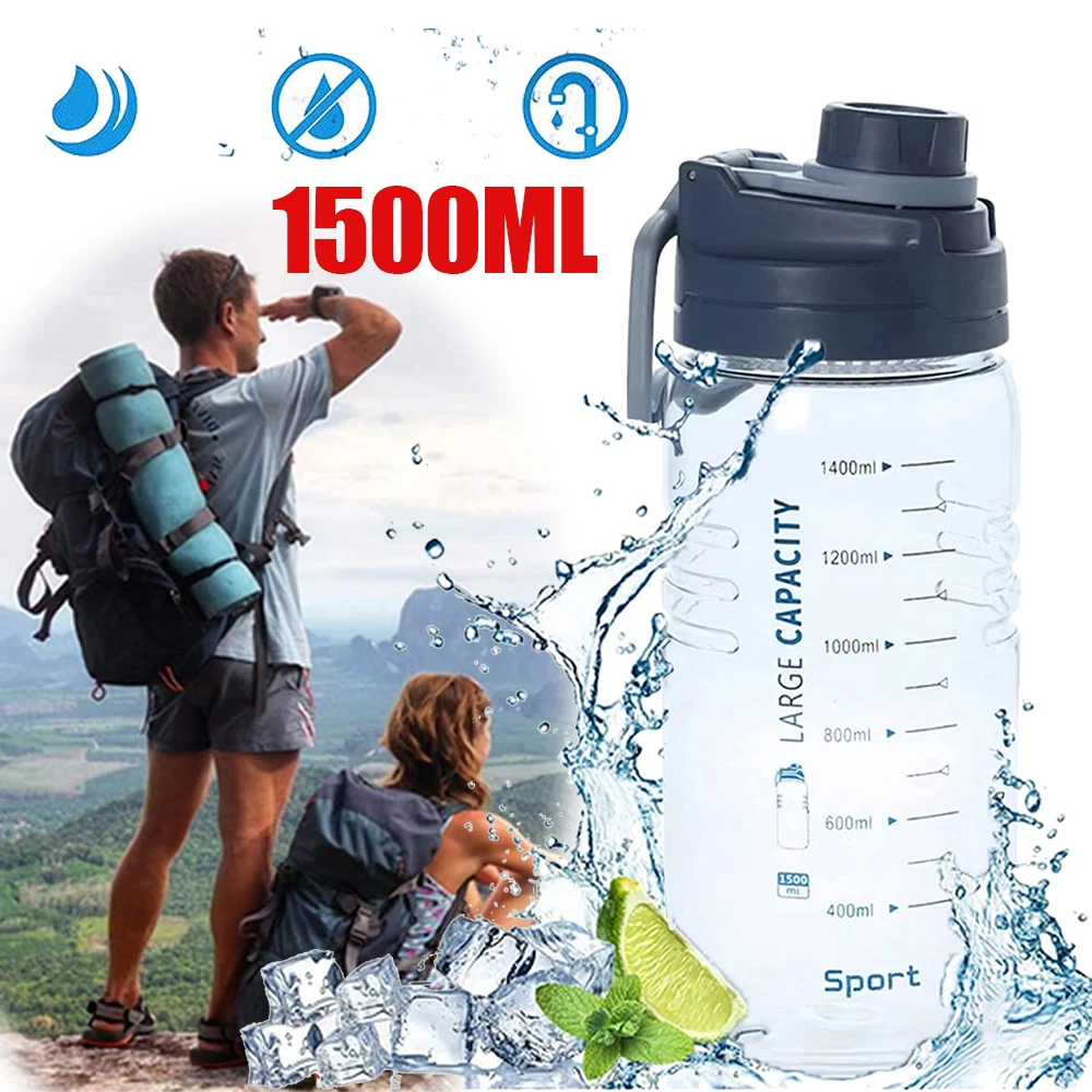 1,5L Großvolumige Sportwasserflasche mit Strohhalm, tragbar und auslaufsicher, mit Zeitmarkierungen, Himmelblau.