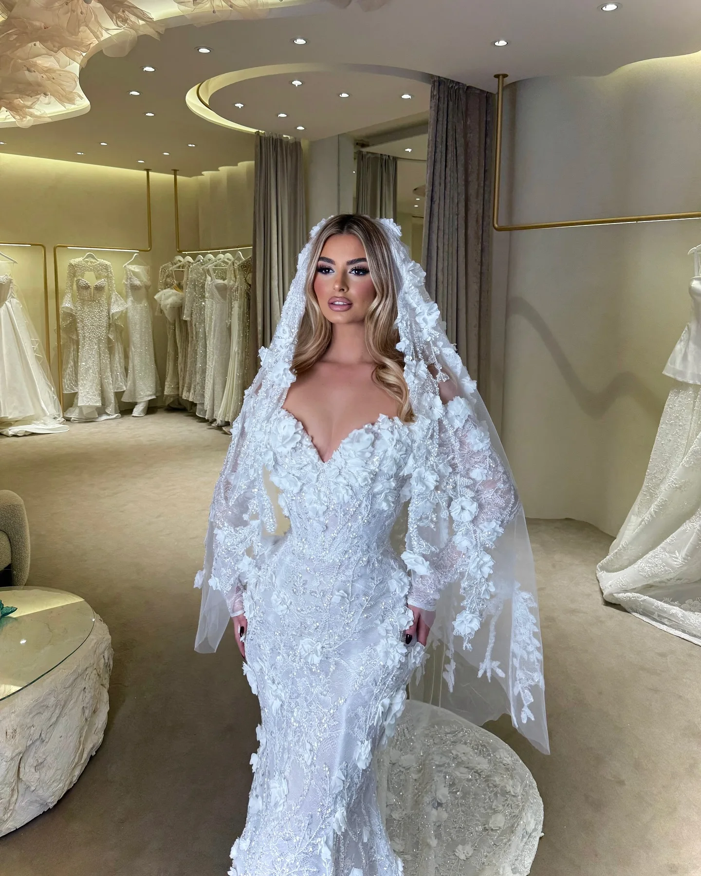 FATAPAESE Customzied Wedding Gown  Glitter 3D flowers Cut Outs Florals Corset Full-sleeve Mermaid Fit Skirt Gown Long Tail