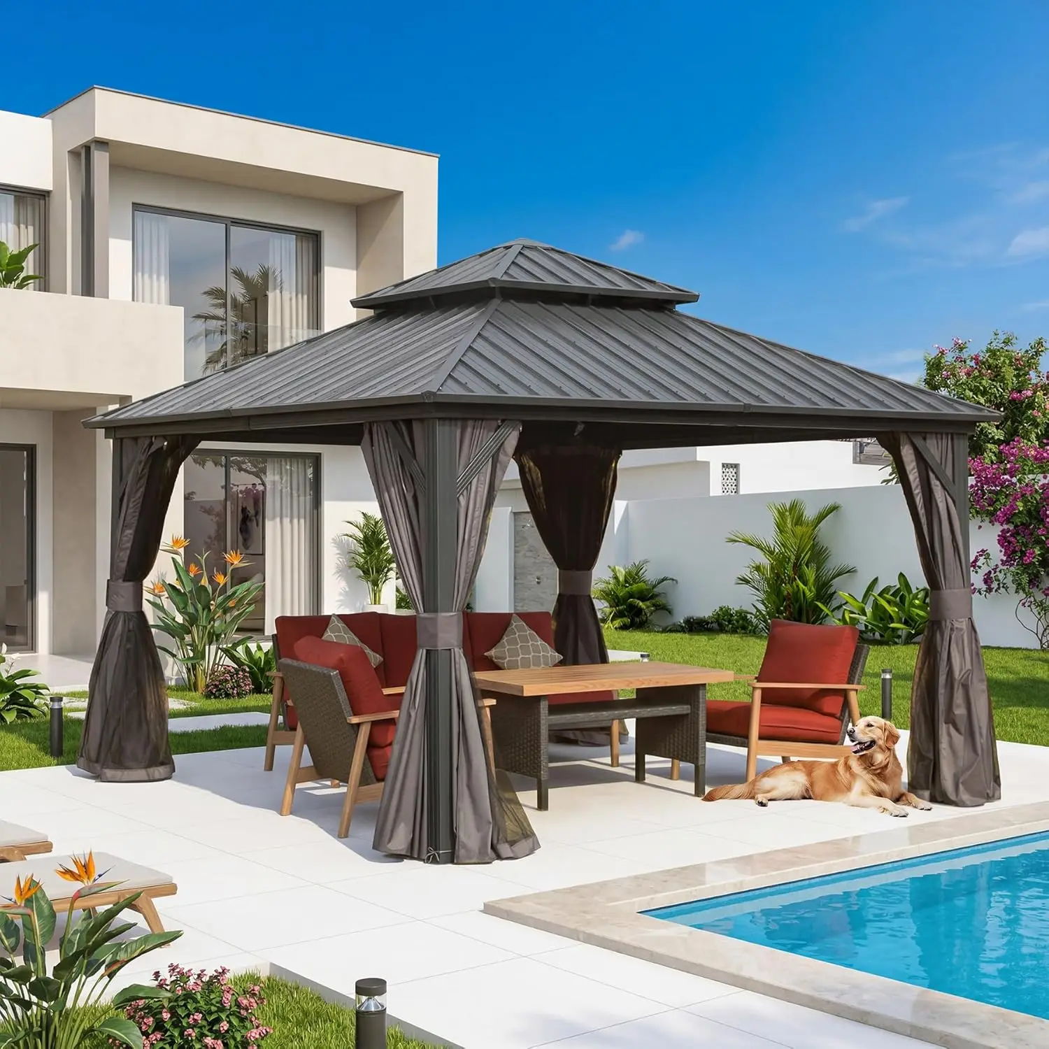 

Беседка с жесткой крышей 12' x 12', уличная алюминиевая беседка с двойным навесом из оцинкованной стали, уличный перманентный металлический павильон