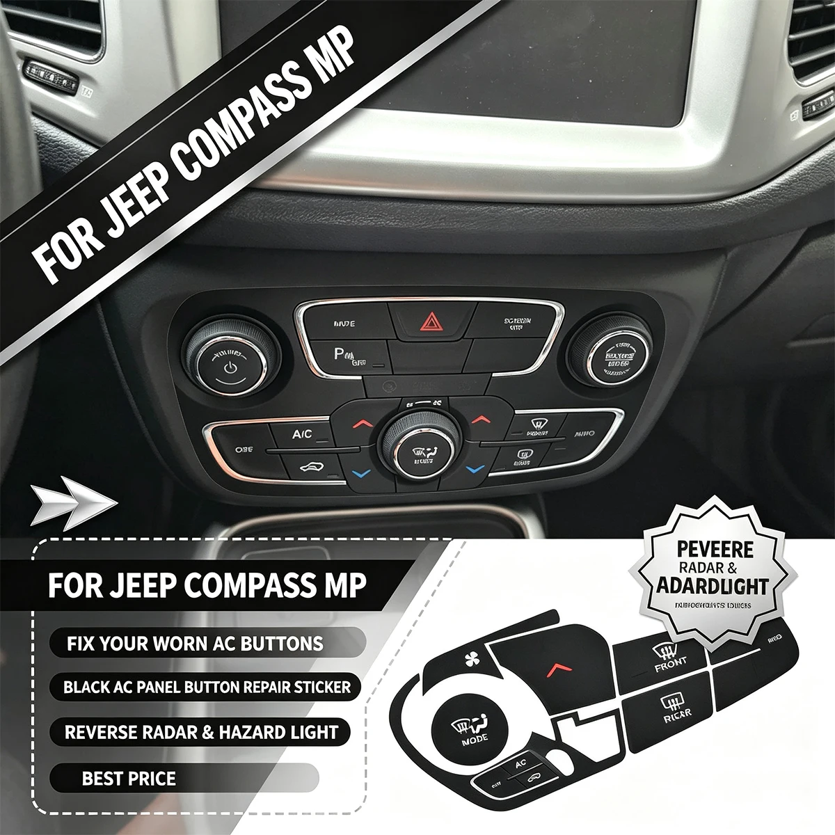 For Jeep Compass MP 2017-2021 AC Panel Button Repair Decal - Climate Control Reverse Radar Hazard Light Fix, Anti-Worn