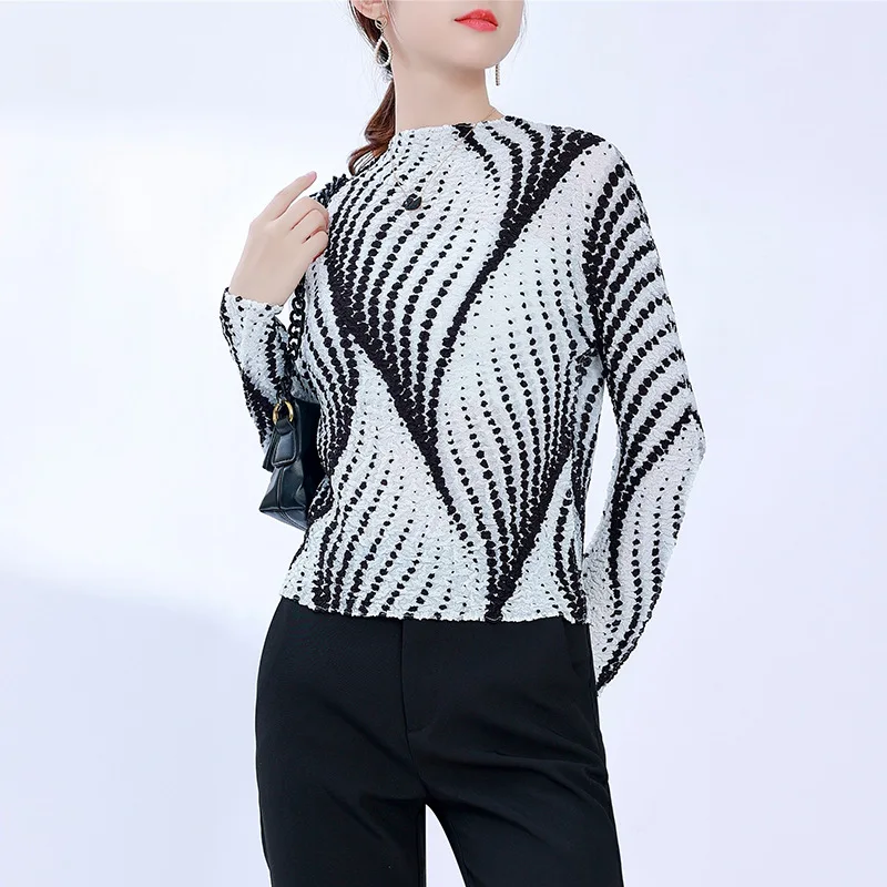 

Miyake Pleated Women's Blouse 2023 Early Fall New Printing Pleated High Elastic Slim Temperament Commuter Long-sleeved Shirt