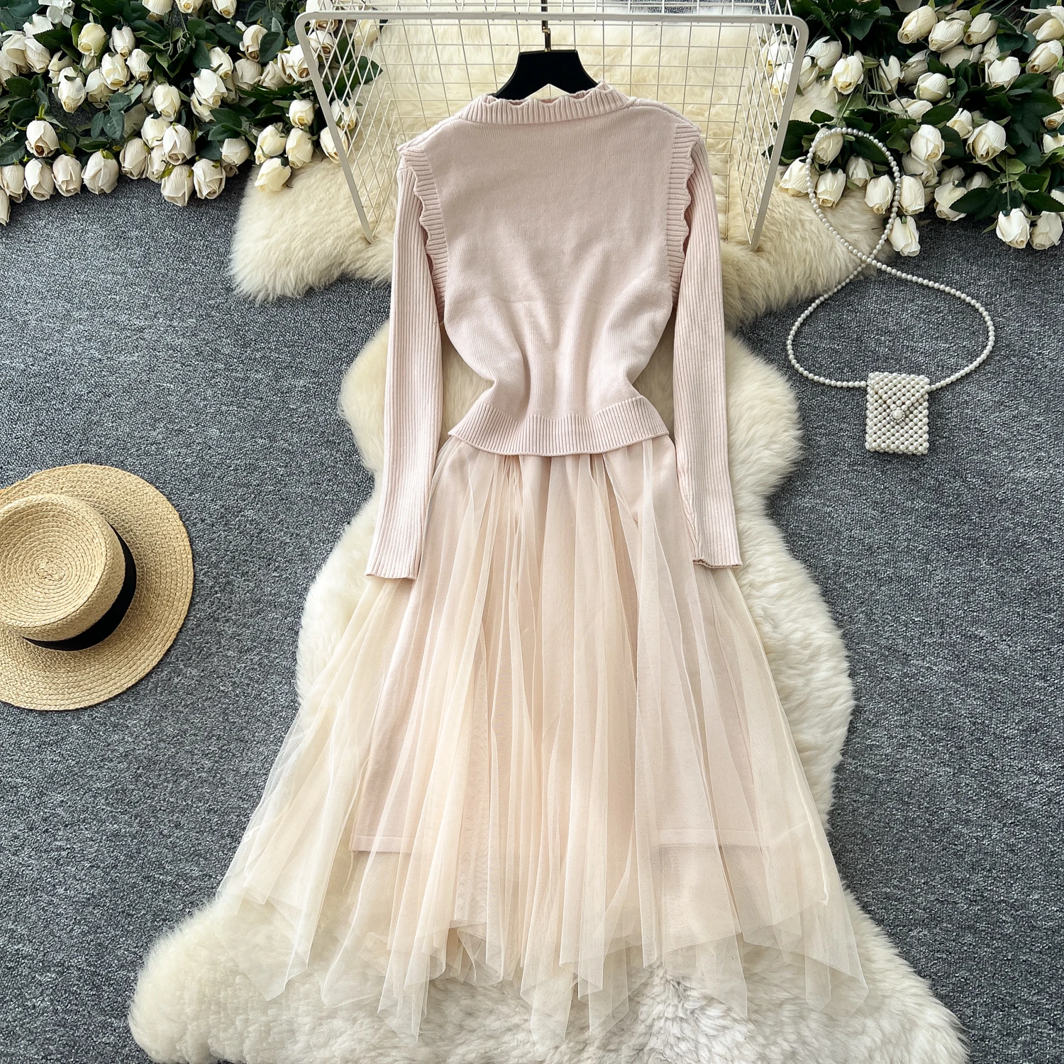 Chic vintage lavorato a maglia a maniche lunghe pieghettato Elegante fata moda coreana Boho Sundress abbigliamento donna Abito lungo