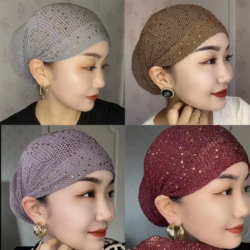 New Full Cover Bonnet Hat Elastic Cover White Hair Headscarf Breathable Rhinestone Headband Cap Women