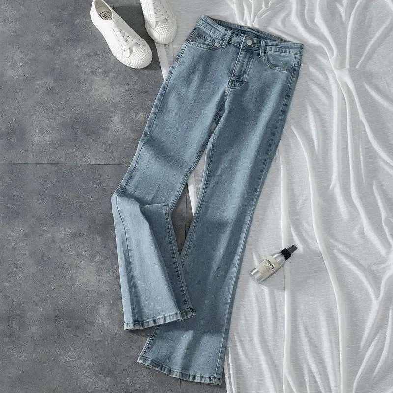 2024 Streetwear Stretch Jeans Women's Small Flare Pants Slim High Waist Casual Pants Light Blue Denim Straight Trousers 3 Length