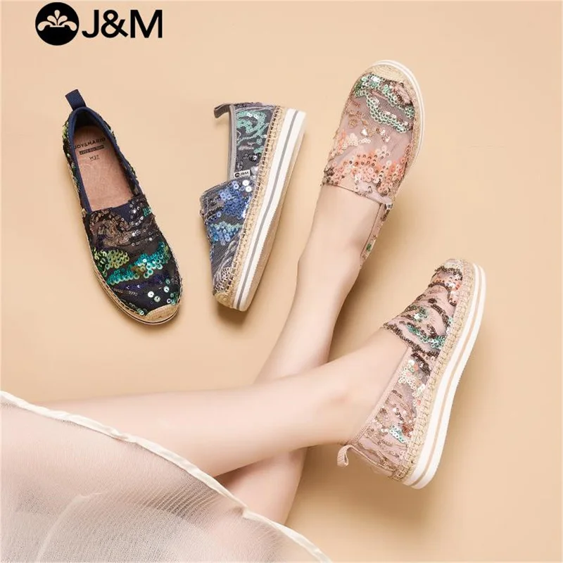 J&M Fashion Women Loafers Sequins Fisherman Shoes Summer Lace Breathable Mesh Platform Espadrilles Slip-On Casual Shoes Sneaker