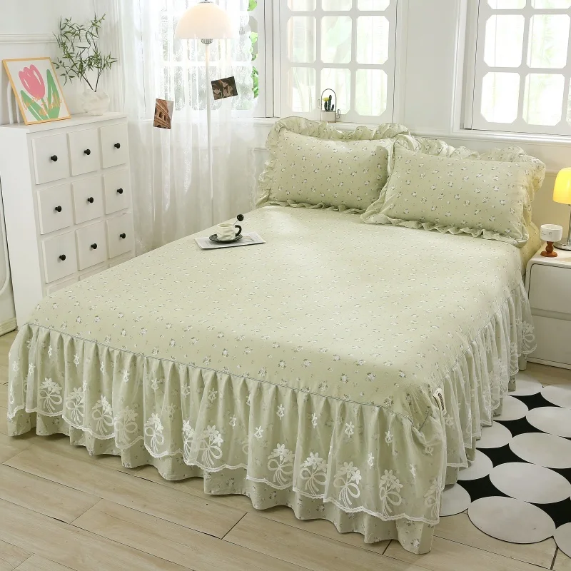 Double-layer Gauze Bed Skirt Set with Lace Korean Style Single/Queen/King Size Bedsheet Flower Printed Bed Skirt with Pillowcase
